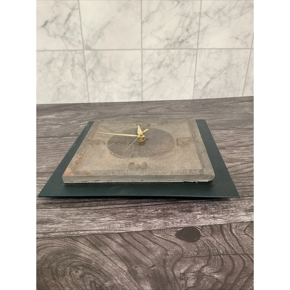 Rustic Slate,metal Clock W/ Green Border, Brownish Face,gold Brass Clock Hands